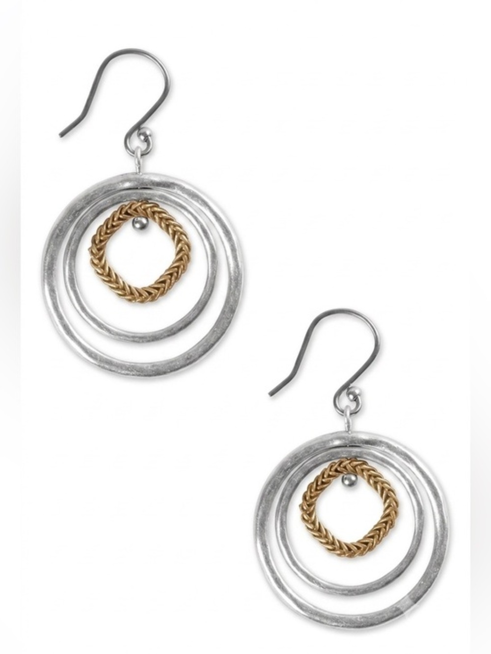 Lucky Brand Two-Tone Silver Gold Mixed Metal Triple-Hoop Drop Earrings Pierced